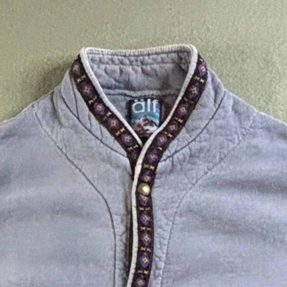 VTG Alf Wear Mens Large L Fleece Snap Jacket Made in USA Blue Aztec Trim 90s